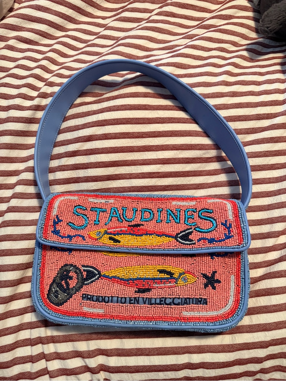 STAUD Tommy Sardines Coral  Beaded Shoulder Bag with Blue Strap